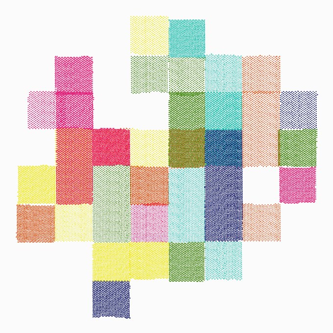 A colorful abstract artwork composed of various pastel-colored squares and rectangles with a textured, halftone dot pattern arranged in an irregular cross-like shape on a white background.