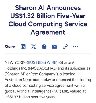 The image displays a Business Wire announcement headline reading "Sharon AI Announces US$1.32 Billion Five-Year Cloud Computing Service Agreement," highlighting a major deal by Australian Neocloud company Sharon AI (NASDAQ:SHAZ) with a global AI Lab. This relates to the post's bullish sentiment about $SHAZ stock, suggesting the substantial $1.32 billion cloud computing contract represents a significant catalyst supporting the poster's conviction that the company is a strong investment opportunity.