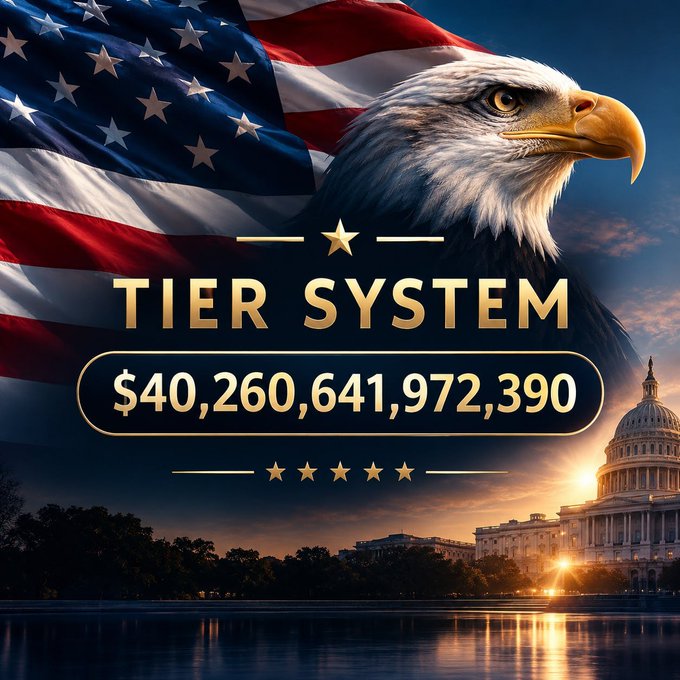 A digital graphic featuring a bald eagle and the American flag with the U.S. Capitol building in the background, displaying the text 'TIER SYSTEM' and the amount '$40,260,641,972,390' along with five stars.