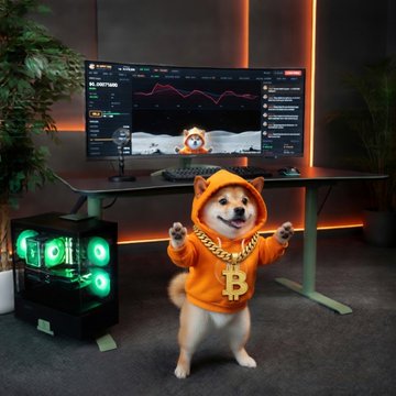 urn with a plant sits on the floor, while a computer monitor displays an animated scene of a dog wearing a gold chain and orange hoodie, accompanied by a green speaker and black keyboard.