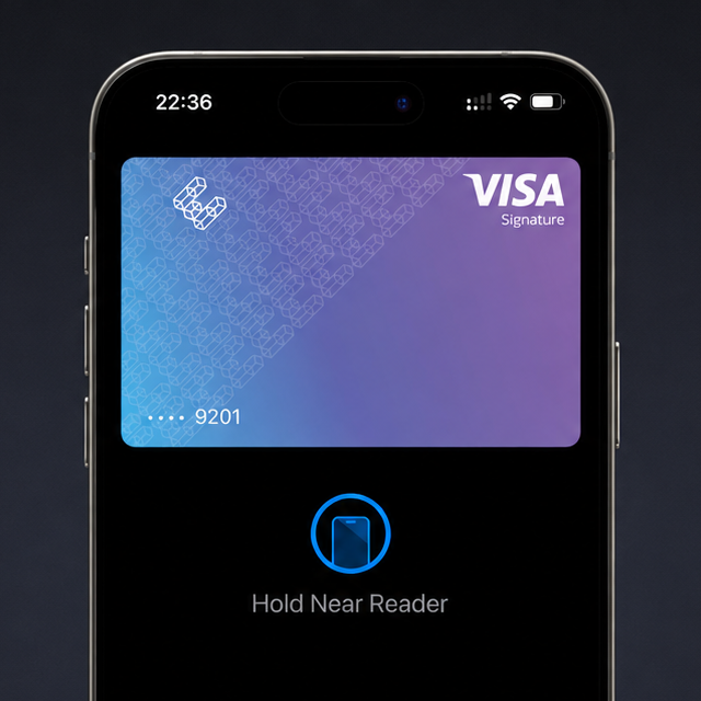 A smartphone displays a digital Visa Signature card ending in 9201 ready for contactless payment with a "Hold Near Reader" prompt. The image visually represents EtherFi's crypto payment card, highlighting its Visa partnership and onchain spending capabilities that have helped it cross $800M in lifetime spend.