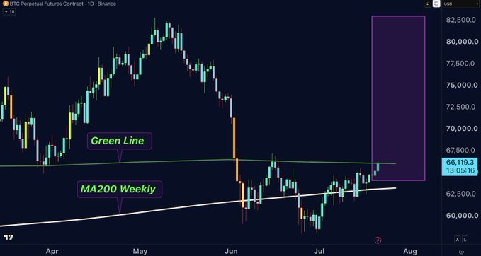 BTC Perpetual Futures Contract 1D chart on Binance showing Bitcoin's price action with annotations for a 'Green Line' resistance and 'MA200 Weekly' support, with the price at 66,119.3.