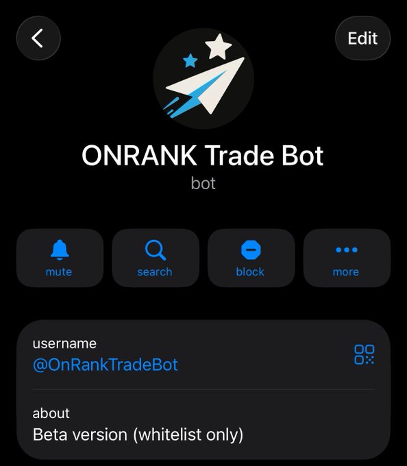 A screenshot of a Telegram bot profile page showing 'ONRANK Trade Bot' with username '@OnRankTradeBot' and description 'Beta version (whitelist only)', featuring a paper airplane logo with stars.
