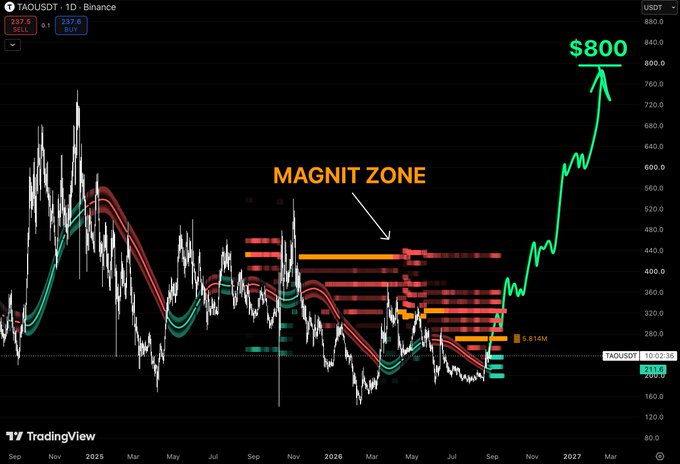 The image displays a TAOUSDT 1-day Binance candlestick chart highlighting a "MAGNET ZONE" with concentrated trading activity around $320–$440, followed by a projected breakout arrow pointing toward $800. This visualizes the bullish sentiment behind the post "$TAO if you know, you know," suggesting Bittensor (TAO) is poised for a significant price surge from its consolidation range.
