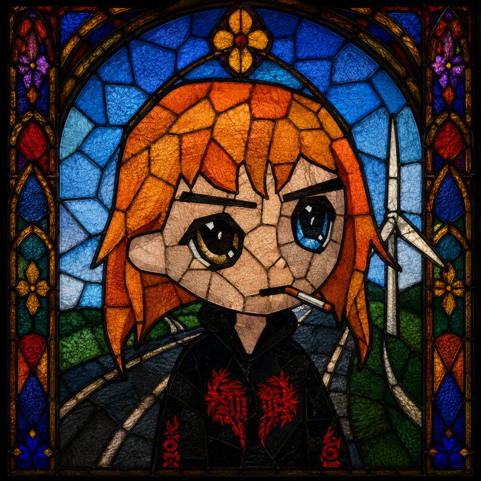 A stained glass artwork depicting an anime-style character with orange hair, heterochromatic eyes, and a cigarette, wearing a black outfit with red designs, set against a gothic cathedral background with wind turbines.