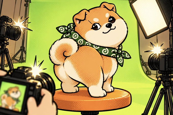A cartoon illustration of a fluffy orange and white Pomeranian dog wearing a green bandana, posing on a rotating platform in a photo studio with green screens, professional cameras, and bright lighting equipment surrounding it.