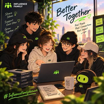A promotional image for 'Influence Family' showing anime-style characters gathered around a laptop with text 'Better Together' and 'InfluenceFamilyNetwork' on a green background.
