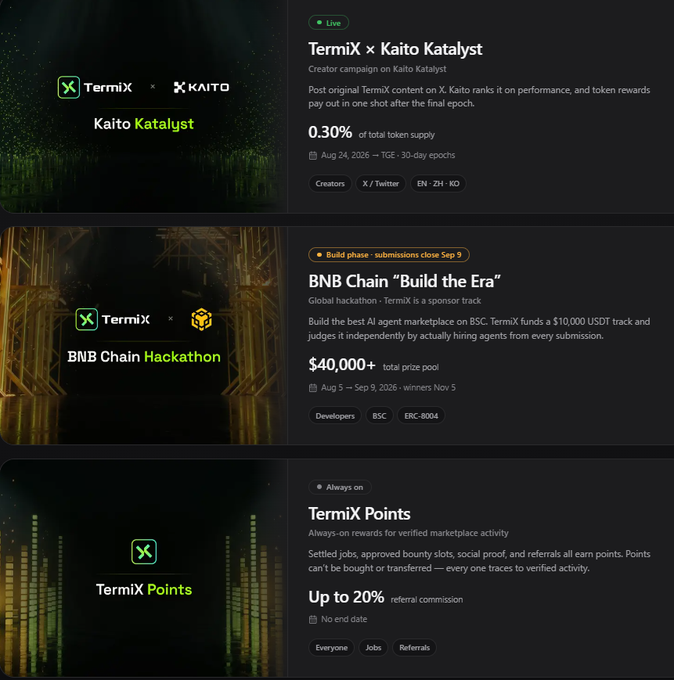 A TermiX platform page displaying three campaigns: 'TermiX × Kaito Katalyst' (Live, 0.30% token supply), 'BNB Chain Hackathon' with $40,000+ prize pool, and 'TermiX Points' (Always on, up to 20% referral commission).