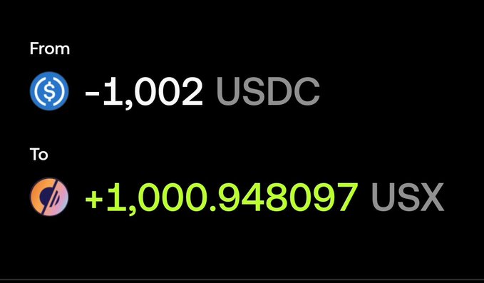 A transaction screen showing a swap of -1,002 USDC to +1,000.948097 USX, representing the $1,000 deployment on SolsticeFi celebrated in the post (with a small fee accounting for the extra $2 input).