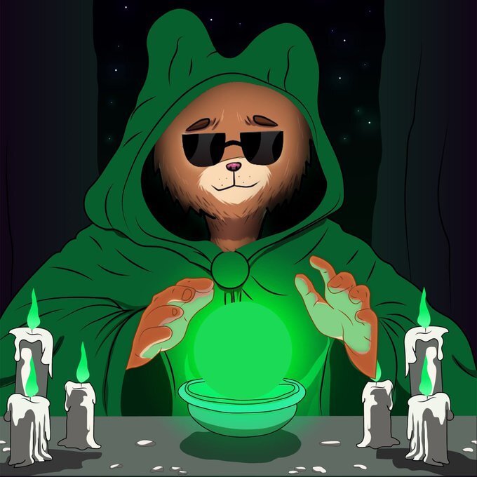 A cartoon illustration of a bear wearing sunglasses and a green hooded cloak, holding a glowing green crystal ball surrounded by lit candles at night.