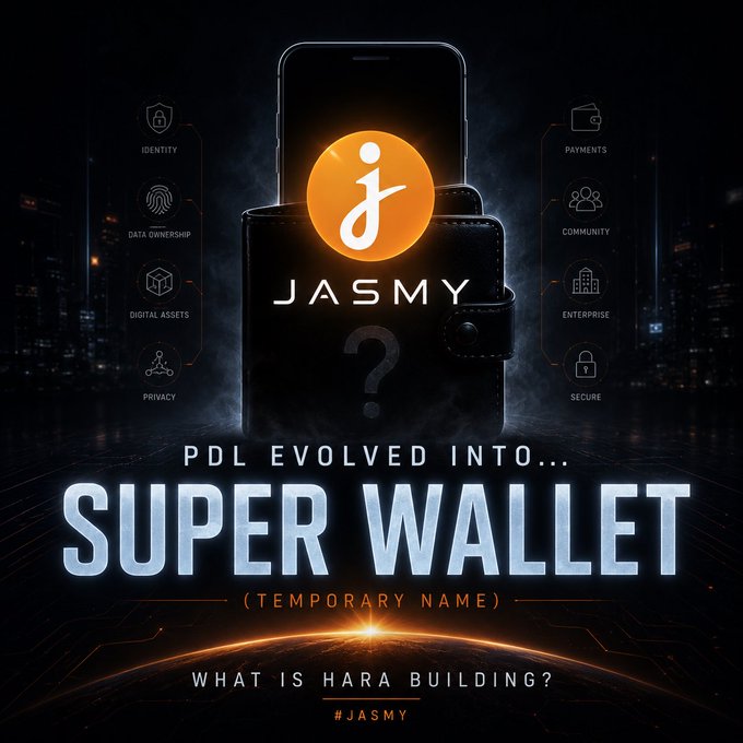The image features a black background with an orange circle containing the word "JASMY" written inside, along with a phone that appears to be a smartphone or tablet. Below this, there are various icons representing different aspects of PDL evolution into SuperWallet, such as digital assets and payment methods. The text in the image asks viewers to focus on what is shown and how it relates to the post about PDL evolving into SuperWallet.