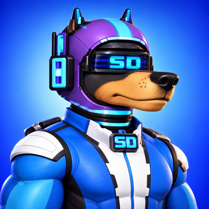 3D rendered character of an anthropomorphic dog wearing a futuristic purple and blue helmet with 'SD' visor display, set against a solid blue background.