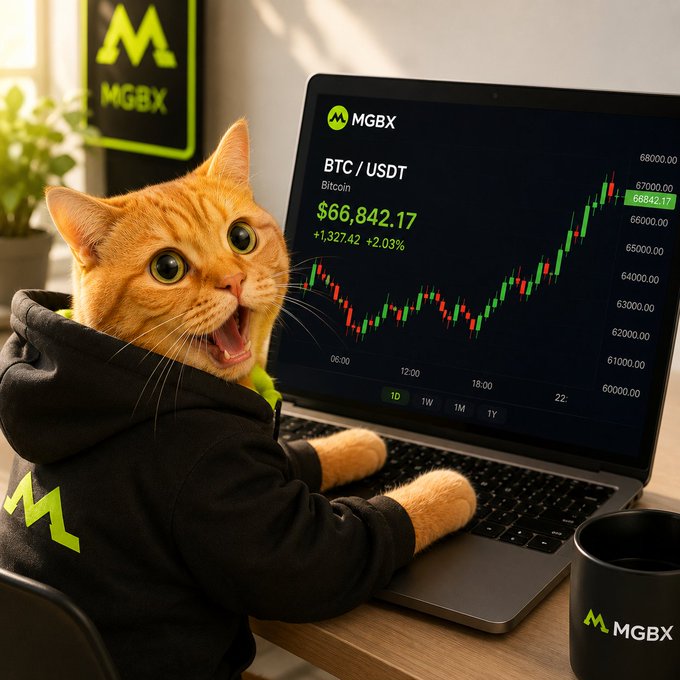 An orange tabby cat wearing a black hoodie excitedly looks at a laptop screen displaying the MGBX crypto exchange with Bitcoin (BTC/USDT) priced at $66,842.17, up $1,327.42 (+2.03%).
