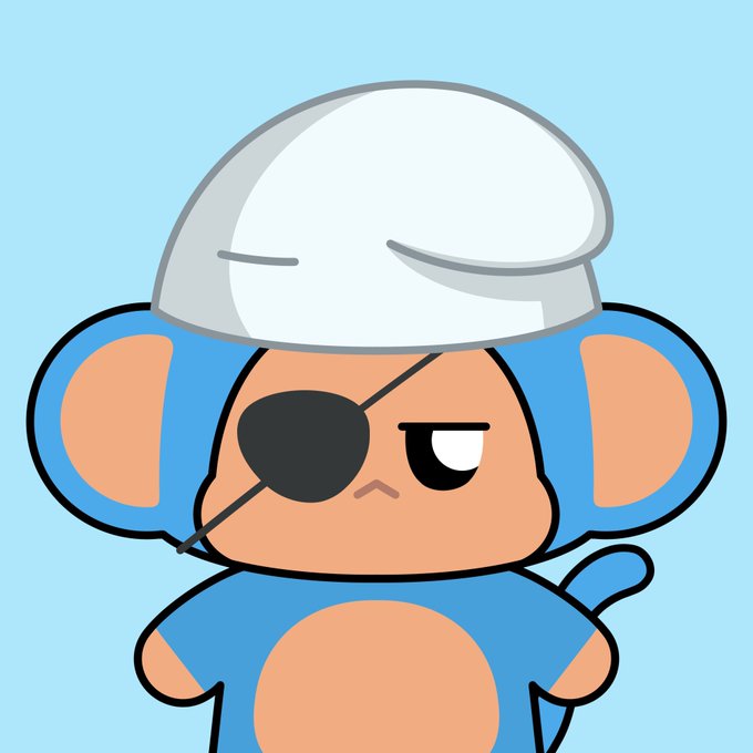 A cartoon illustration of a blue monkey character wearing a white hard hat and an eyepatch.