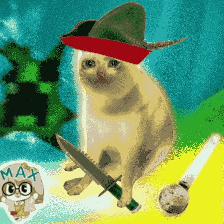 Cute illustrated meme image of a white cat wearing a red cowboy hat while holding a knife and a pipe, with a 'MAX' cartoon character in the corner.