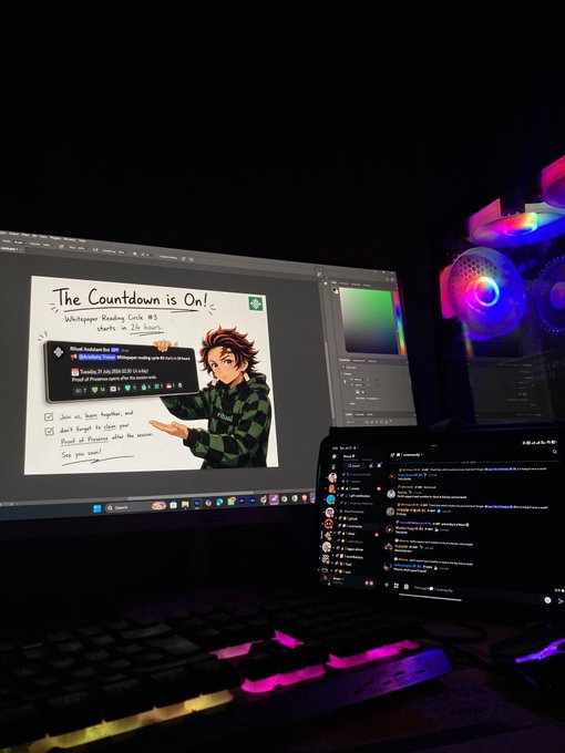 A dimly lit desk setup with RGB-lit peripherals and PC fans, where the monitor displays an image of Tanjiro from Demon Slayer with the text 'The Countdown is on!' referencing Whopper Reading Circles starting July 30.