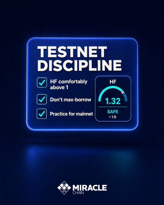 A blue promotional graphic titled 'TESTNET DISCIPLINE' lists bullet points including 'HF comfortably above 1' and 'Don't max-borrow,' alongside a health factor gauge showing '1.32 SAFE >1.0,' branded with the 'MIRACLE CHAIN' logo.