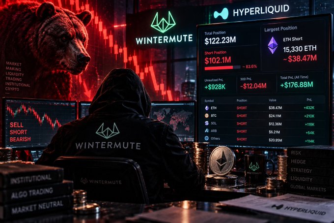 A dark, stylized image showing a person from behind wearing a 'WINTERMUTE' jacket, facing multiple screens displaying financial trading data including 'Total Position $122.23M', 'Short Position $102.1M', 'ETH Short', and 'Total PnL (All Time) +$176.88M'.