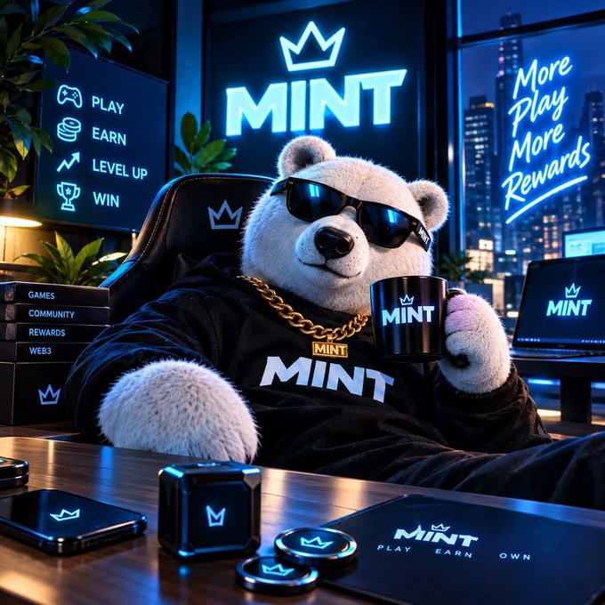 A polar bear mascot wearing sunglasses and a black "MINT" hoodie sits in a gaming chair holding a branded mug, surrounded by "PLAY EARN LEVEL UP WIN" signage, crypto tokens, and a "More Play More Rewards" neon sign.