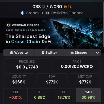 A cryptocurrency tracking screenshot displays "OBS / WCRO #1" for Obsidian Finance on Cronos, showing a price of $0.04749 with a 24H change of 30.99%.