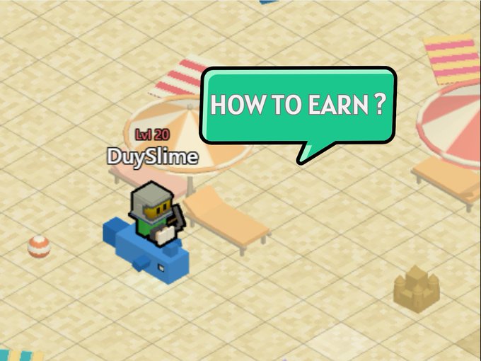 The image features a cartoon character riding a blue boat with the text "How to Earn?". The scene takes place on a beach where there are several umbrellas and chairs scattered around, indicating that this could be a beach-themed game or activity.