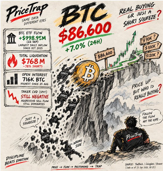 A "PriceTrap" chart highlights Bitcoin at $86,600 with a 7% (24H) increase, despite aggressive short liquidations (-78%) and $998.95M in ETF inflows (the largest since Oct 2025), while Open Interest reaches 716K BTC and Taker CVD remains negative, signaling that spot selling still dominates. The image visually depicts a "short squeeze" mountain where shorts are being pushed off, with the tagline "Discipline Beats Emotion" and the note "Price Up… But Who is Really Buying?"