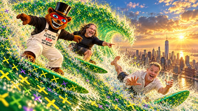 A colorful fantasy-style image shows three people surfing on bright boards through a sparkling green wave, with a city skyline and sunset in the background.