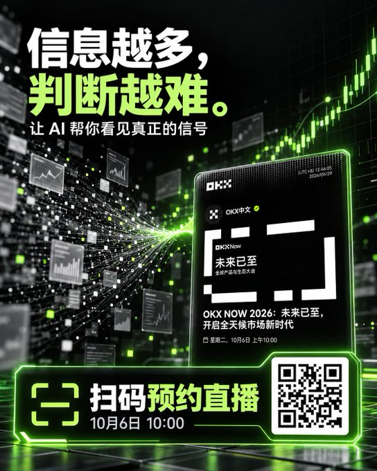 A promotional poster for "OKX 中文 OKX Now 2026" event themed "未来已至" (Future is Here), scheduled for October 6 at 10:00, featuring a glowing green circuit-board aesthetic with candlestick charts and the headline "信息越多，判断越难。让 AI 帮你看见真正的信号" (The more information, the harder to judge. Let AI help you see the true signal)—visually reinforcing the post's theme about how overwhelming market data, news, and on-chain metrics create noise that AI can help filter into actionable insights, which is why the author is excited about the OKX Now 2026 event. A QR code invites viewers to scan and reserve the livestream.