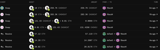 A transaction history log showing multiple Swap and Receive events between addresses (19acd4, de7aa5) involving ETH and CASHCAT tokens, with amounts ranging from less than 0.01 to 283.3K tokens.