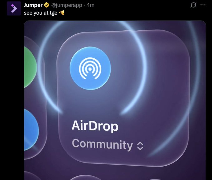 A tweet from Jumper (@jumperapp) reading "see you at tge 🪂" alongside an AirDrop Community app icon, illustrating the platform's post about prioritizing product development, traction, and revenue before conducting an airdrop and token generation event (TGE).