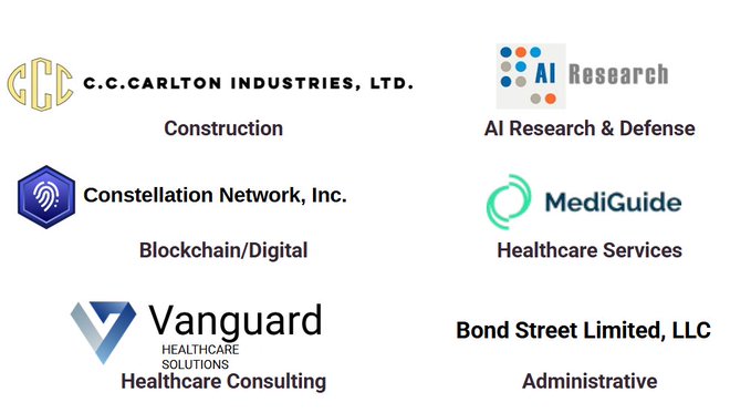 The image displays six company logos with their respective sectors, illustrating AI²'s vertical integration model: C.C. Carlton Industries, Ltd. (Construction), AI Research (AI Research & Defense), Constellation Network, Inc. (Blockchain/Digital), MediGuide (Healthcare Services), Vanguard Healthcare Solutions (Healthcare Consulting), and Bond Street Limited, LLC (Administrative). This visual supports the accompanying post's point that AI² ($AIAI) doesn't just sell AI software—it owns operating companies across diverse industries while leveraging Constellation Network's ($DAG) data infrastructure within the same holding company.