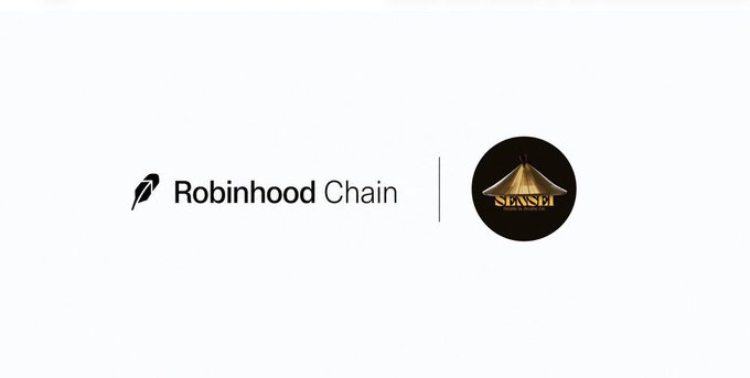 The image displays the "Robinhood Chain" logo featuring a feather icon next to the text, alongside a circular "SENSEI" NFT logo with a pyramid-like design. This visual accompanies an announcement from the Sensei NFT Collection about their decision to migrate from Solana to the Robinhood Chain, using the logos to represent the two platforms involved in the move.