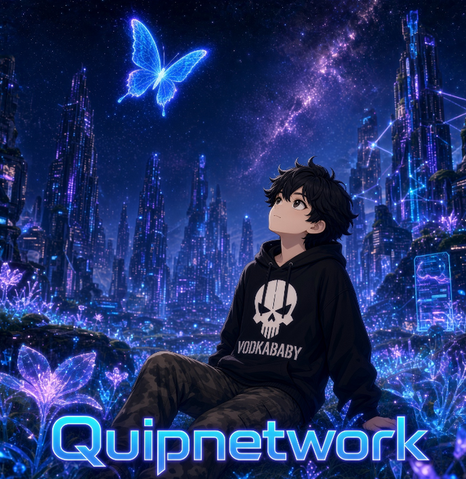 An anime-style illustration of a boy in a 'VODKABABY' Punisher hoodie sitting in a futuristic neon city with a glowing blue butterfly, labeled 'Quipnetwork'.