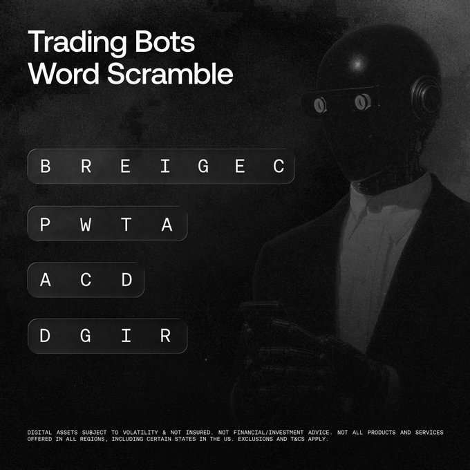 A dark promotional graphic titled "Trading Bots Word Scramble" featuring a shadowy robotic figure, with four scrambled letter sets (BREIGEC, PWTA, ACD, DGIR) to unscramble, accompanying an OKX weekend quiz offering $500 USDT to participants who follow and retweet with their answers.