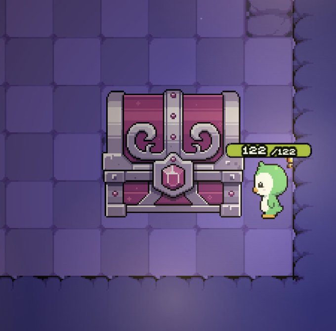 A pixel art treasure chest with a glowing pink gem sits next to a small green duck character with a health bar reading 122/122.