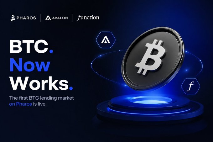 A promotional banner featuring Pharos, Avalon, and Function logos, advertising 'BTC. Now Works.' and announcing that 'The first BTC lending market on Pharos is live,' alongside a 3D Bitcoin coin graphic.