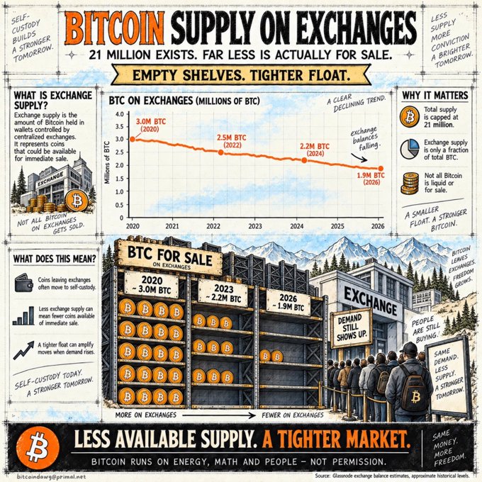 An infographic titled 'BITCOIN SUPPLY ON EXCHANGES' detailing the declining exchange balances from 3.0M BTC in 2020 to 1.9M BTC in 2026.