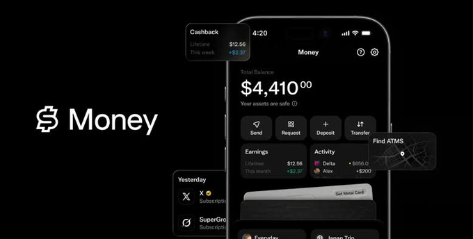 A stylized "𝕏 Money" logo appears alongside a smartphone screenshot of the Money app showing a $4,410 total balance, Cashback earnings of $12.56 lifetime and +$2.37 this week, and recent transactions from 𝕏 and SuperGro, illustrating Cashed's integration that directs cashback fees directly into users' 𝕏 Money balances.