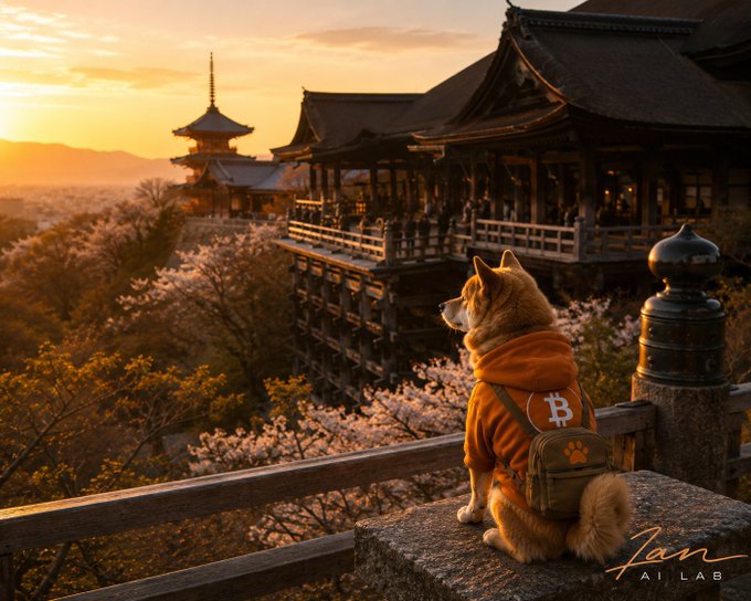 A Shiba Inu wearing an orange Bitcoin hoodie and a paw-print backpack gazes out over a golden sunset at Kyoto's Kiyomizu-dera temple, embodying the steady, enduring spirit of the "$DOG DCA Day 157" journey amid the changing seasons.
