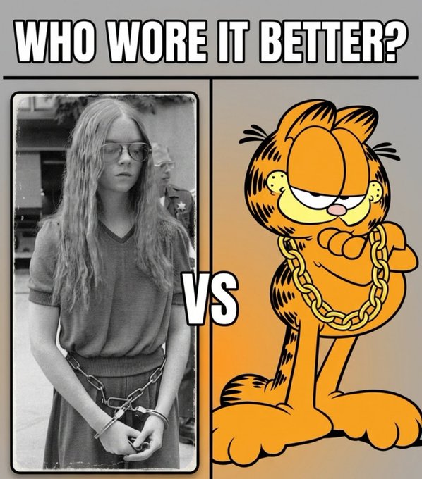 A "WHO WORE IT BETTER?" meme compares a black-and-white photo of a woman in handcuffs and a chain belt with the cartoon cat Garfield wearing a similar gold chain, separated by "VS".