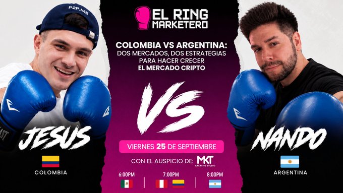 A promotional graphic for "EL RING MARKETERD" features a boxing match between Jesus from Colombia and Nando from Argentina on Friday, September 25th, at 6:00 PM, 7:00 PM, and 8:00 PM.