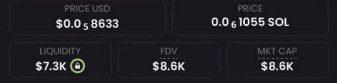 The image displays cryptocurrency token statistics showing a price of $0.058633 USD or 0.061055 SOL, with a liquidity of $7.3K (locked, indicated by a green padlock icon), an FDV (Fully Diluted Valuation) of $8.6K, and a market cap of $8.6K. These metrics align with the accompanying post's promotion of a new memecoin at an $8.6K market cap, serving as visual evidence of the small-cap token's current valuation to entice viewers into requesting the contract address by commenting "CA."