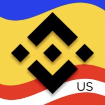 The Binance logo is displayed over a yellow, blue, and red background with the text 'US' in the corner.