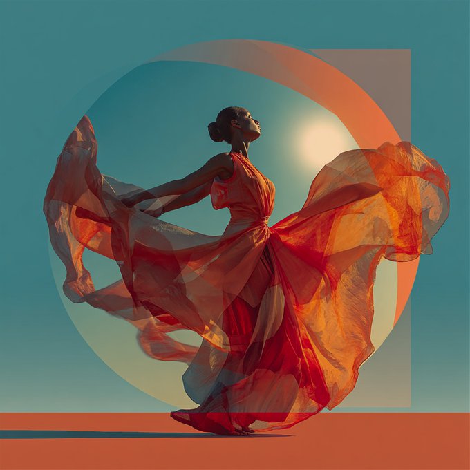 An artistic illustration shows a woman in a flowing, multi-colored red and orange dress dancing gracefully against a teal background. The composition includes a large orange circular element and rectangular geometric shapes.