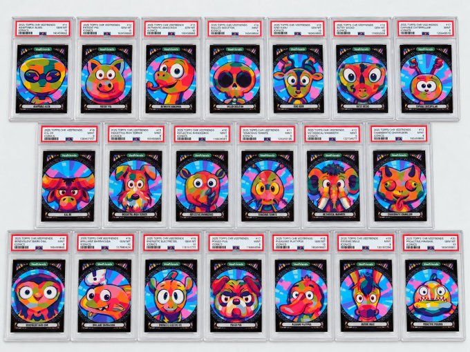 A collection of 20 PSA-graded Topps Chrome UEFA Club Competitions refractor cards featuring colorful animal mascots, each with grades of 9 or 10.