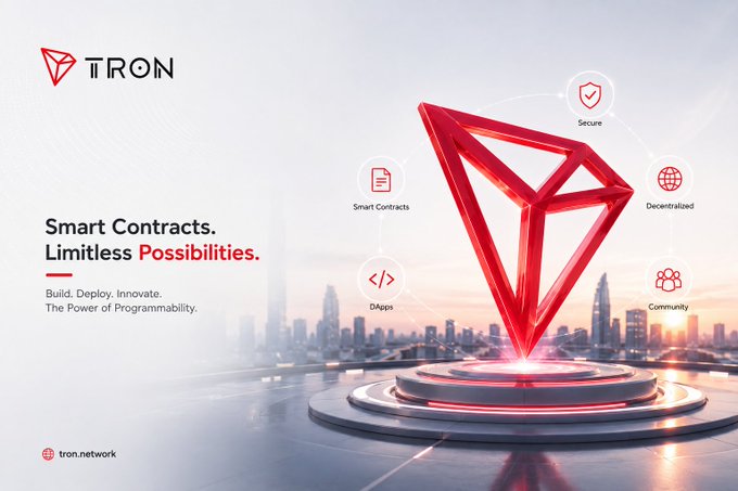 A TRON blockchain advertisement features the text 'Smart Contracts. Limitless Possibilities. Build. Deploy. Innovate. The Power of Programmability' and 'tron.network', highlighting features like Smart Contracts, Decentralized, Community, DApps, and Secure around a 3D red triangular logo.