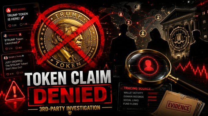 The image is a bold graphic featuring a gold "TRUMP TOKEN" coin overlaid with a red X, alongside fake social media alerts claiming the token has launched, and silhouettes of investigators examining evidence with a magnifying glass over user profiles. Key text includes "TRUMP TOKEN IS HERE!", "JUST DROPPED The $TRUMP Token! Don't Miss Out!", "TOKEN CLAIM DENIED," and "3RD-PARTY INVESTIGATION," with a folder labeled "EVIDENCE." It visually reinforces the post's message that Real Trump Coins has officially denied issuing any cryptocurrency, stating that recent "token launch" announcements are fraudulent third-party schemes, with investigations underway to trace those responsible.