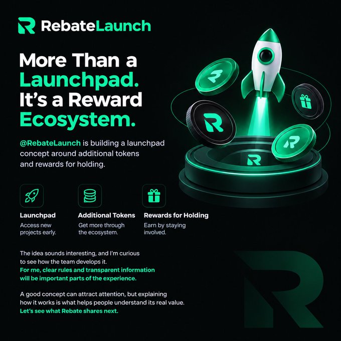 A promotional graphic for "RebateLaunch" with a green rocket and coins, advertising "More Than a Launchpad. It's a Reward Ecosystem" with sections for Launchpad, Additional Tokens, and Rewards for Holding.