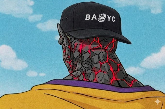 An illustrated figure with a cracked stone-like face glowing red wears a black "BAYC" (Bored Ape Yacht Club) cap and yellow shirt against a sky background.