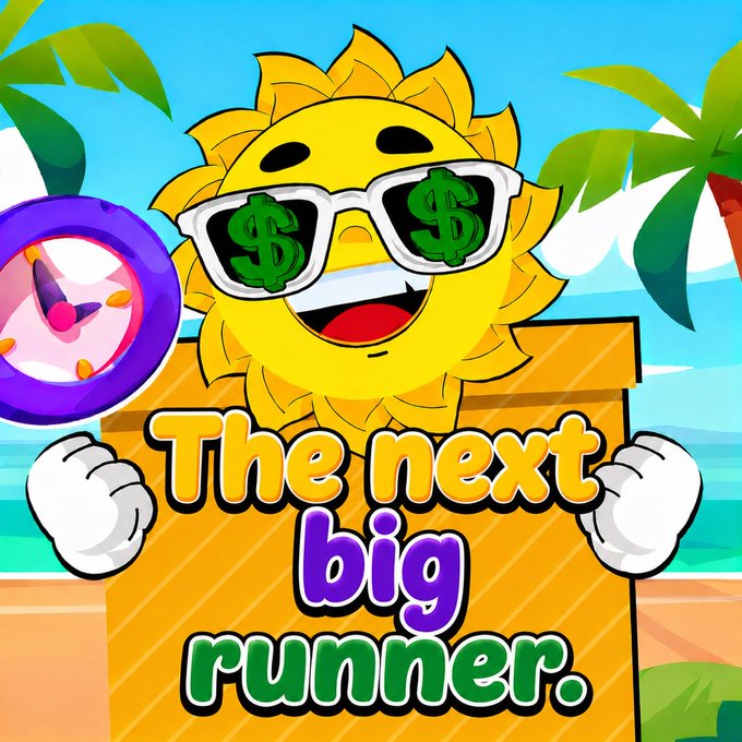 A cartoon sun wearing dollar-sign sunglasses and holding a sign reading "The next big runner." is set against a tropical beach backdrop with palm trees and a compass, visually hyping the upcoming crypto project $SUMMER that the post is promoting.